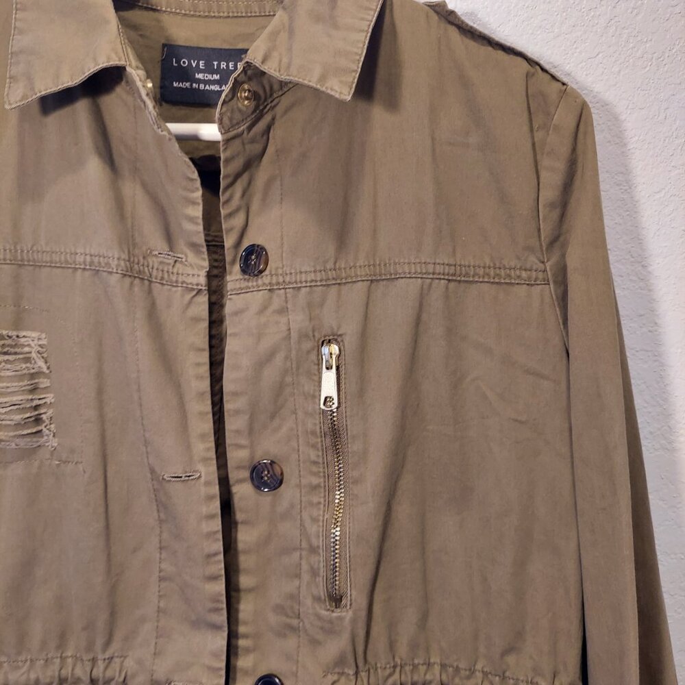 Love Tree Distressed Utility Jacket Olive Green Cargo Coat Size M - Picture 4 of 9